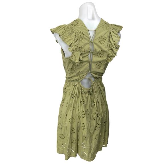 Vero Moda Green Sleeveless Eyelet Flutter Sleeve Crisscross Back A-line Dress L - Picture 2 of 5